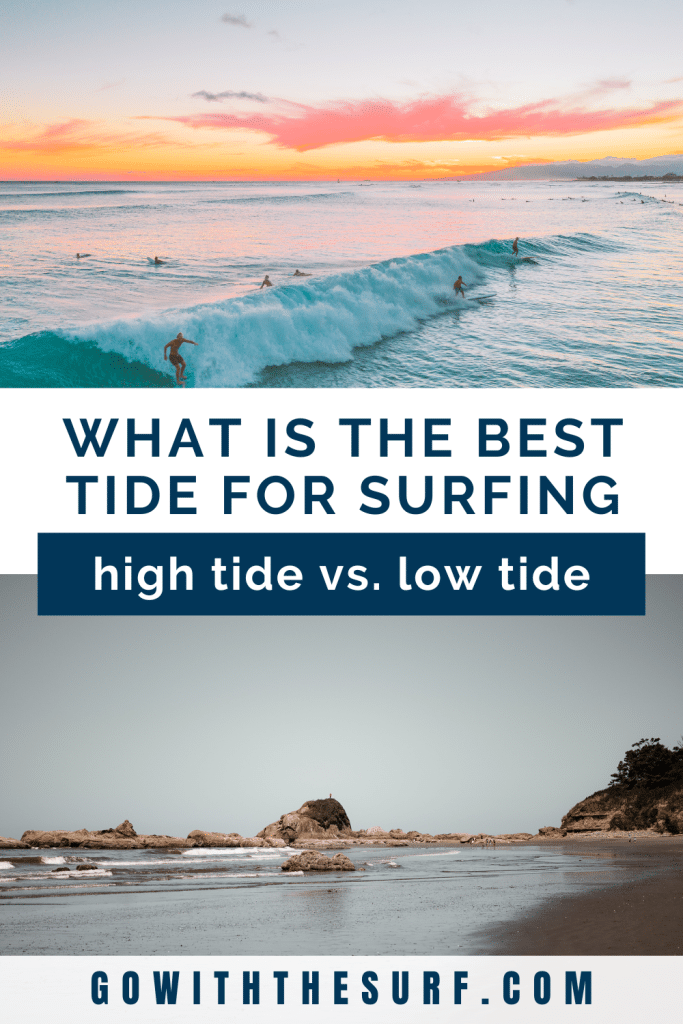 Promotional image for a surfing website, featuring a beautiful sunrise at a beach with surfers riding waves, and text overlay discussing the best tide for surfing: high tide vs. low tide.