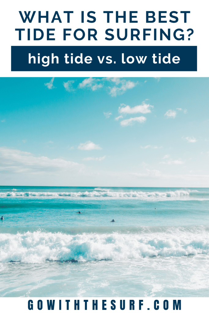 Promotional poster comparing high tide and low tide for surfing. it features a clear image of surfers in the ocean under a blue sky, with text overlay and the website "gowiththesurf.com" at the bottom.