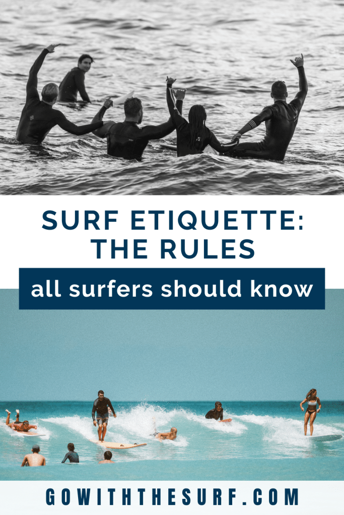 Promotional image for a surf etiquette guide, featuring two sections: the top part shows four surfers sitting on their boards in the ocean, raising their hands joyfully, and the bottom part displays surfers and swimmers in the water.