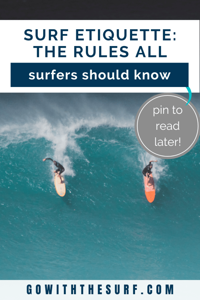 Two surfers ride a large wave, showcasing their skills. text overlay with "surf etiquette: the rules all surfers should know" and a website link at the bottom, with a "pin to read later" icon.