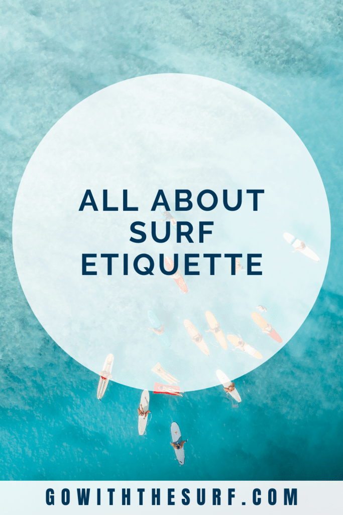 Aerial view of surfers in the ocean with surfboards, arranged around a circular white text box that reads "all about surf etiquette" on a turquoise backdrop with the website "gowiththesurf.com" below.