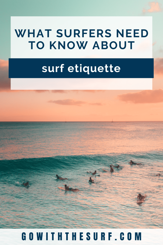 Promotional image for a website about surfing, featuring surfers in the ocean at sunset with text overlay discussing surf etiquette.