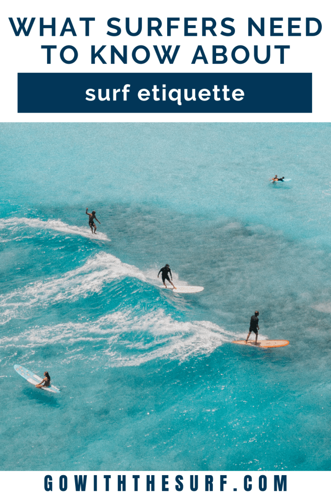 Aerial view of surfers on a blue ocean with text "what surfers need to know about surf etiquette" on a blue banner and the website "gowiththesurf.com" at the bottom.