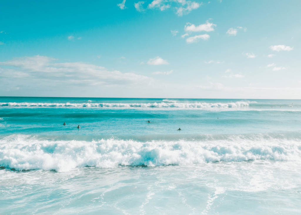 A serene beach scene with multiple surfers waiting in the ocean under a clear sky, gentle waves breaking in the foreground during the best tide for surfing.
